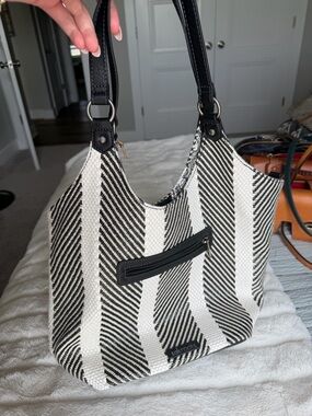 Black & White Striped Tote Bag with Front Zip Pocket